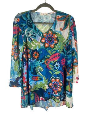 Jess & Jane Floral Print Sheer Tunic Top 3/4 Sleeve V-Neck Asymmetric Hem M
